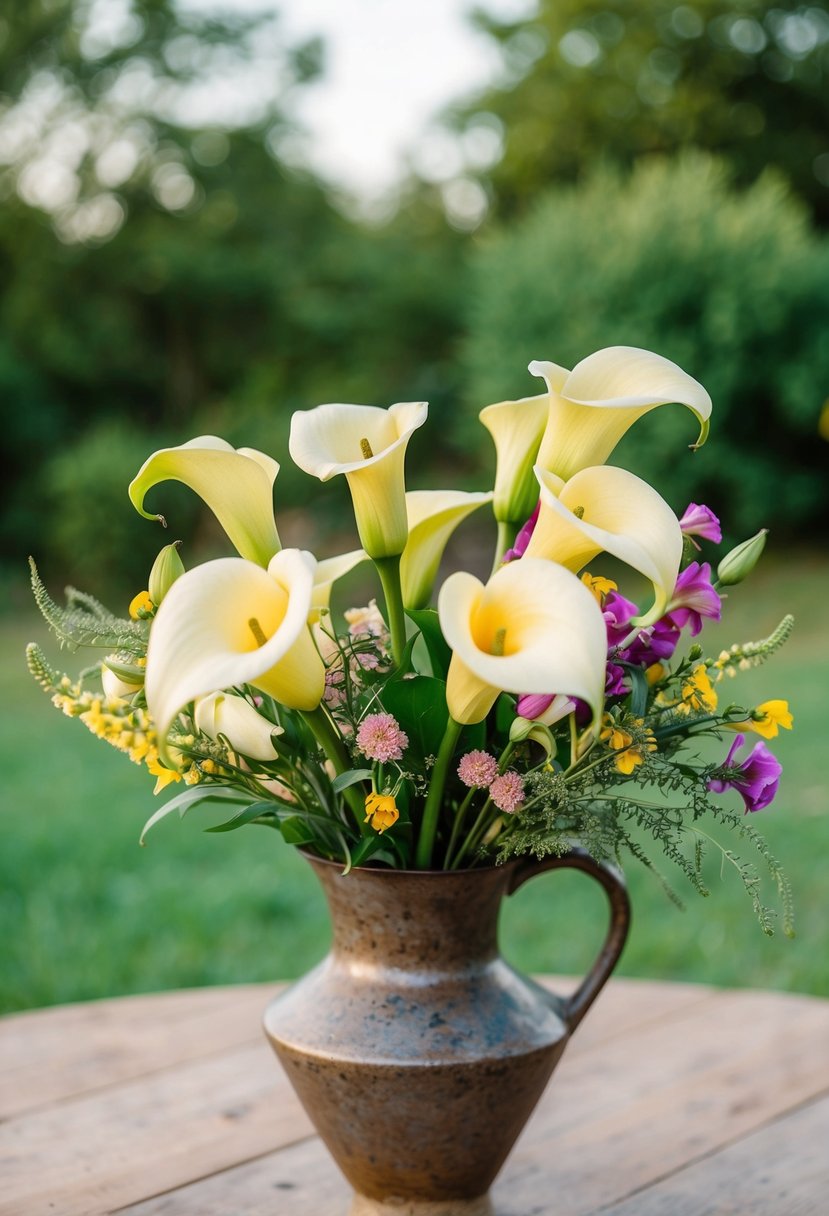 A boho-style bouquet of calla lilies and wildflowers arranged in a rustic vase