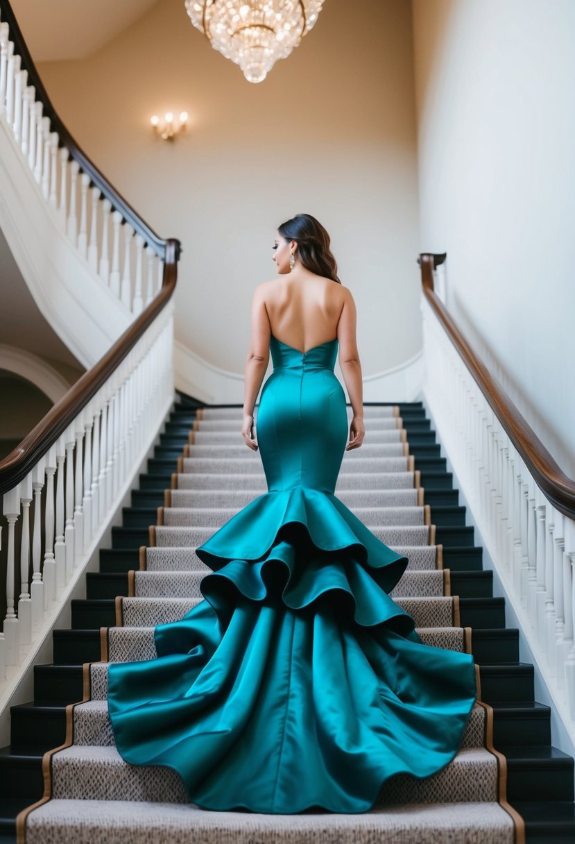 A mermaid gown with ruffled bottom cascades down a grand staircase