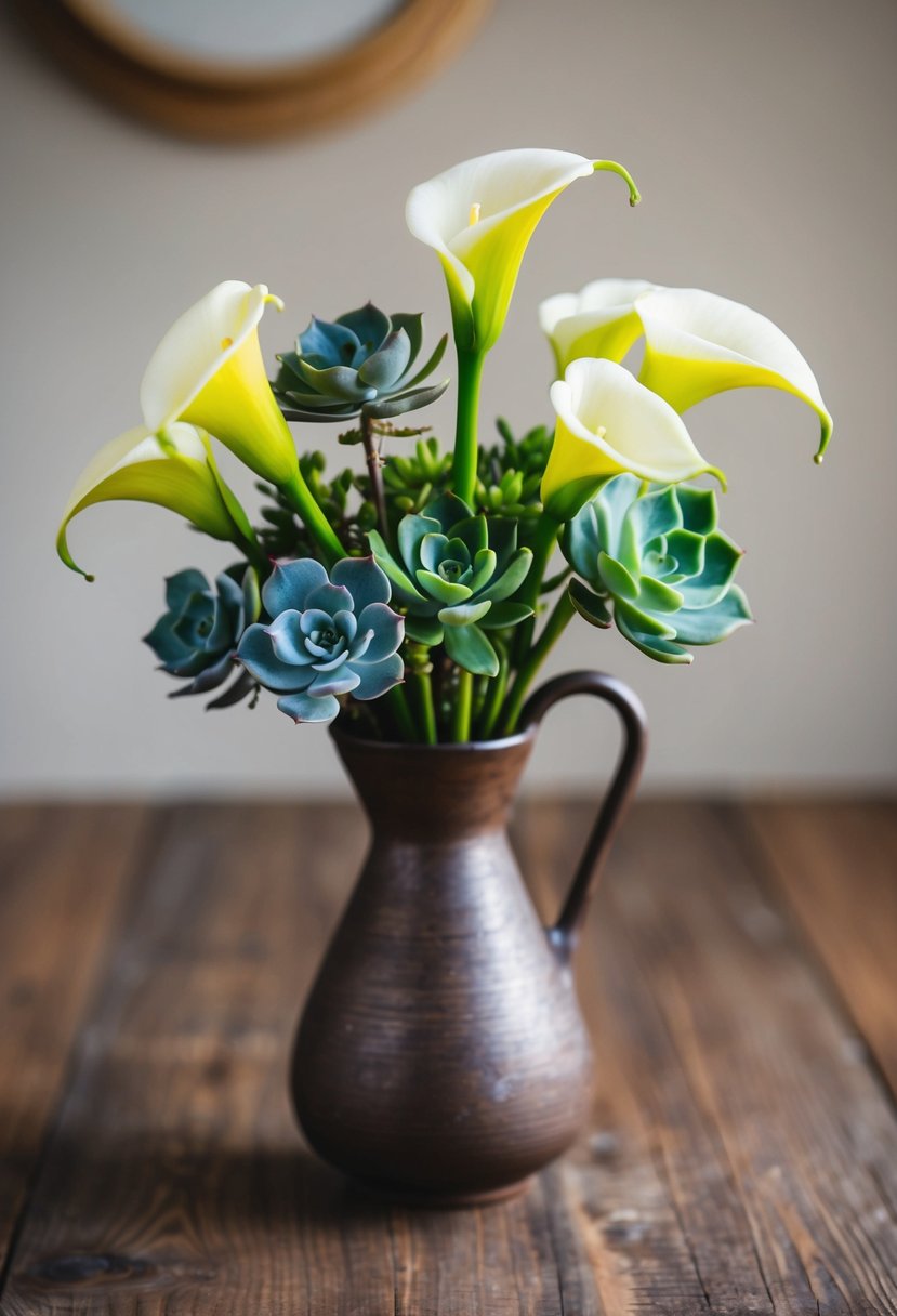 A small bouquet of mini calla lilies and succulents arranged in a rustic vase on a wooden table