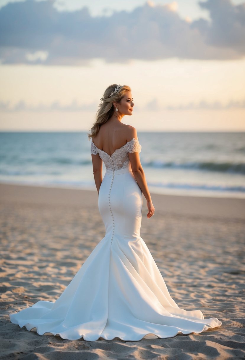 A bride stands on a sandy beach, wearing an off-the-shoulder mermaid dress. The dress flows elegantly as she gazes out at the ocean