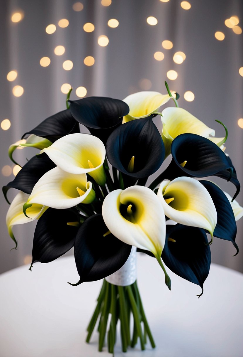 A bouquet of black and white ombre calla lilies arranged in a delicate and elegant wedding bouquet