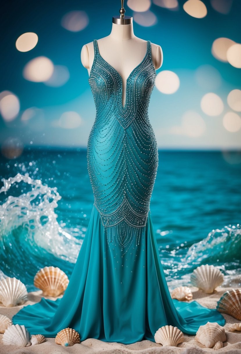 A beaded mermaid bridal dress hanging on a mannequin, surrounded by shimmering seashells and flowing ocean waves