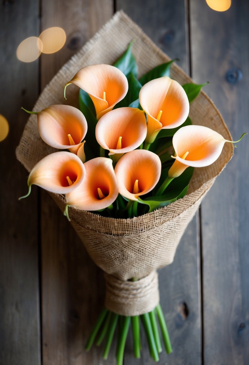 A rustic bouquet of peach calla lilies wrapped in burlap