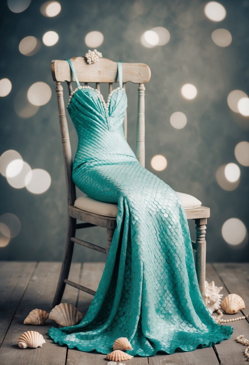 A vintage-inspired mermaid gown draped over a weathered wooden chair, surrounded by delicate seashells and pearls