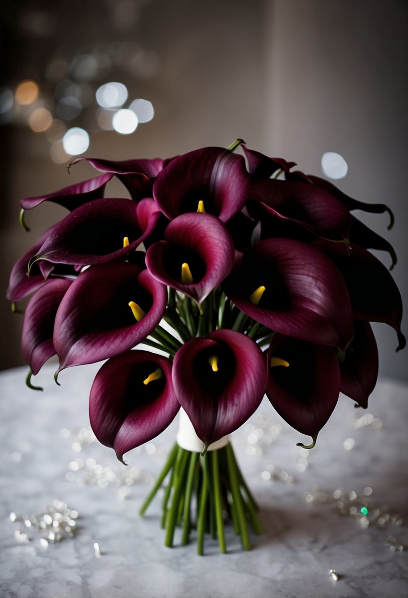 A bunch of deep burgundy calla lilies arranged in a sophisticated wedding bouquet