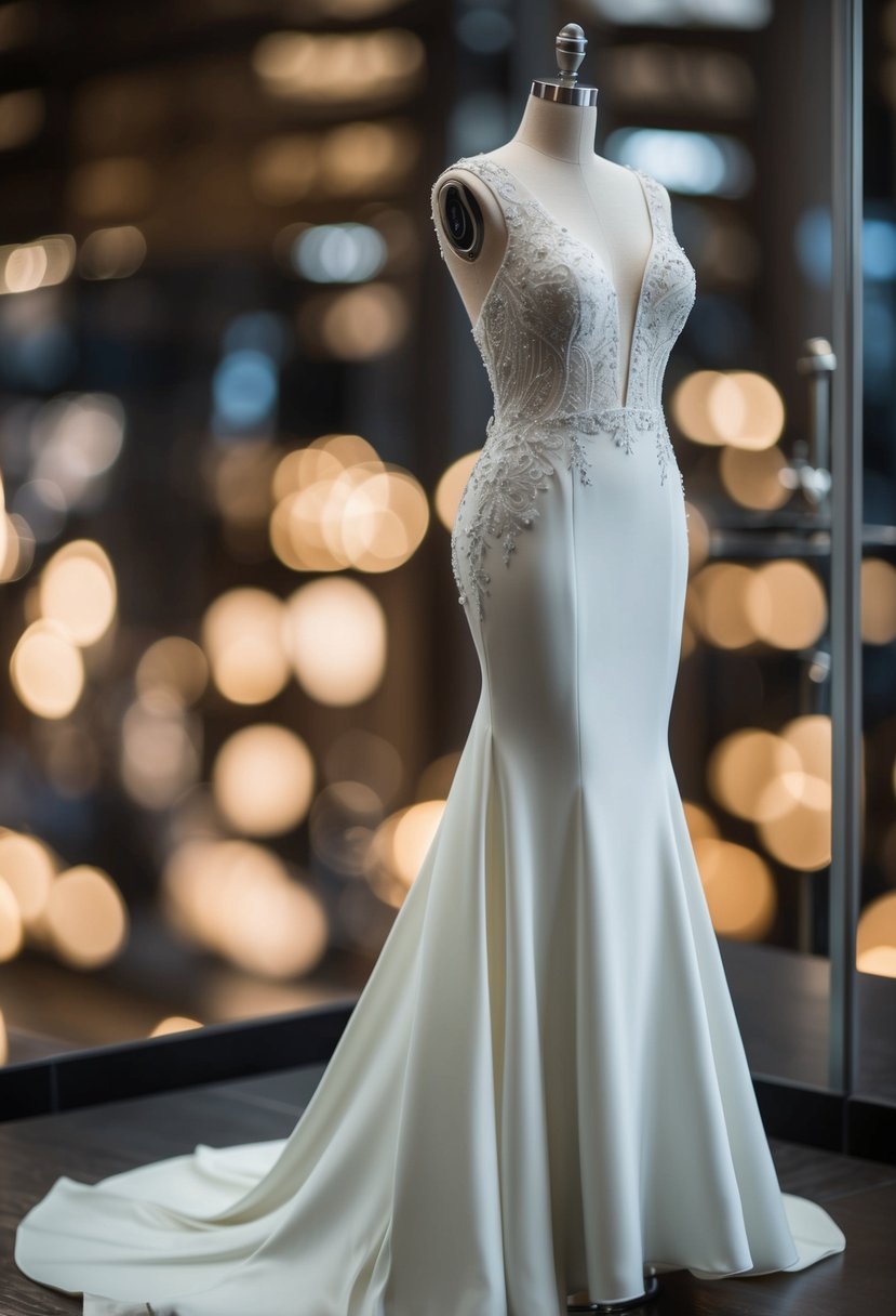 A mermaid gown drapes elegantly over a sleek mannequin, adorned with delicate lace and shimmering details