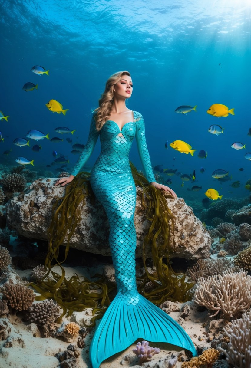 A long-sleeved mermaid dress draped over a coral-covered rock on the ocean floor, surrounded by swirling seaweed and colorful fish