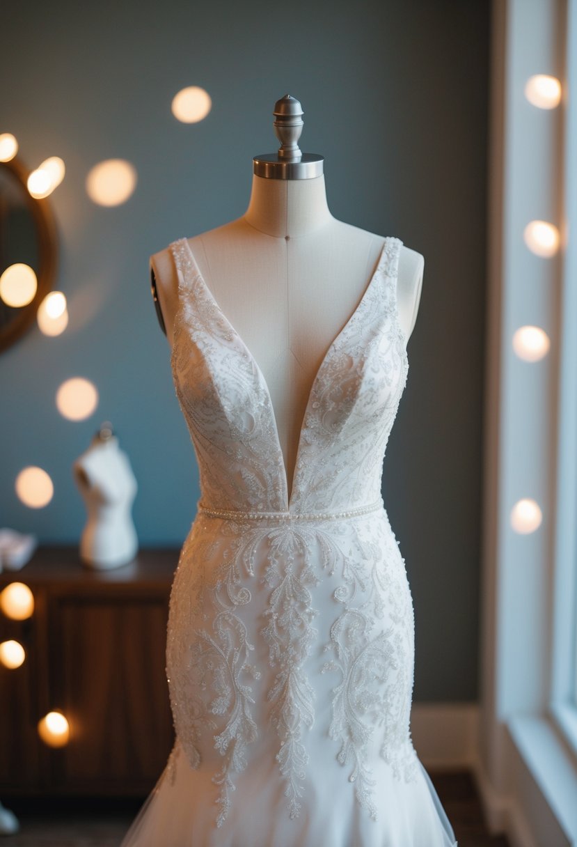 A V-neck mermaid wedding dress draped over a mannequin