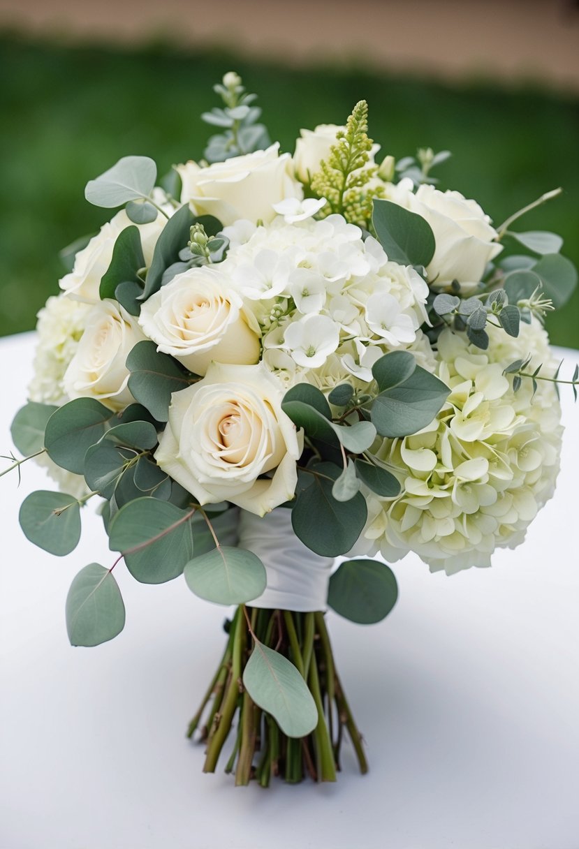 A white and green wedding bouquet with roses, hydrangeas, and eucalyptus, arranged in a cascading style