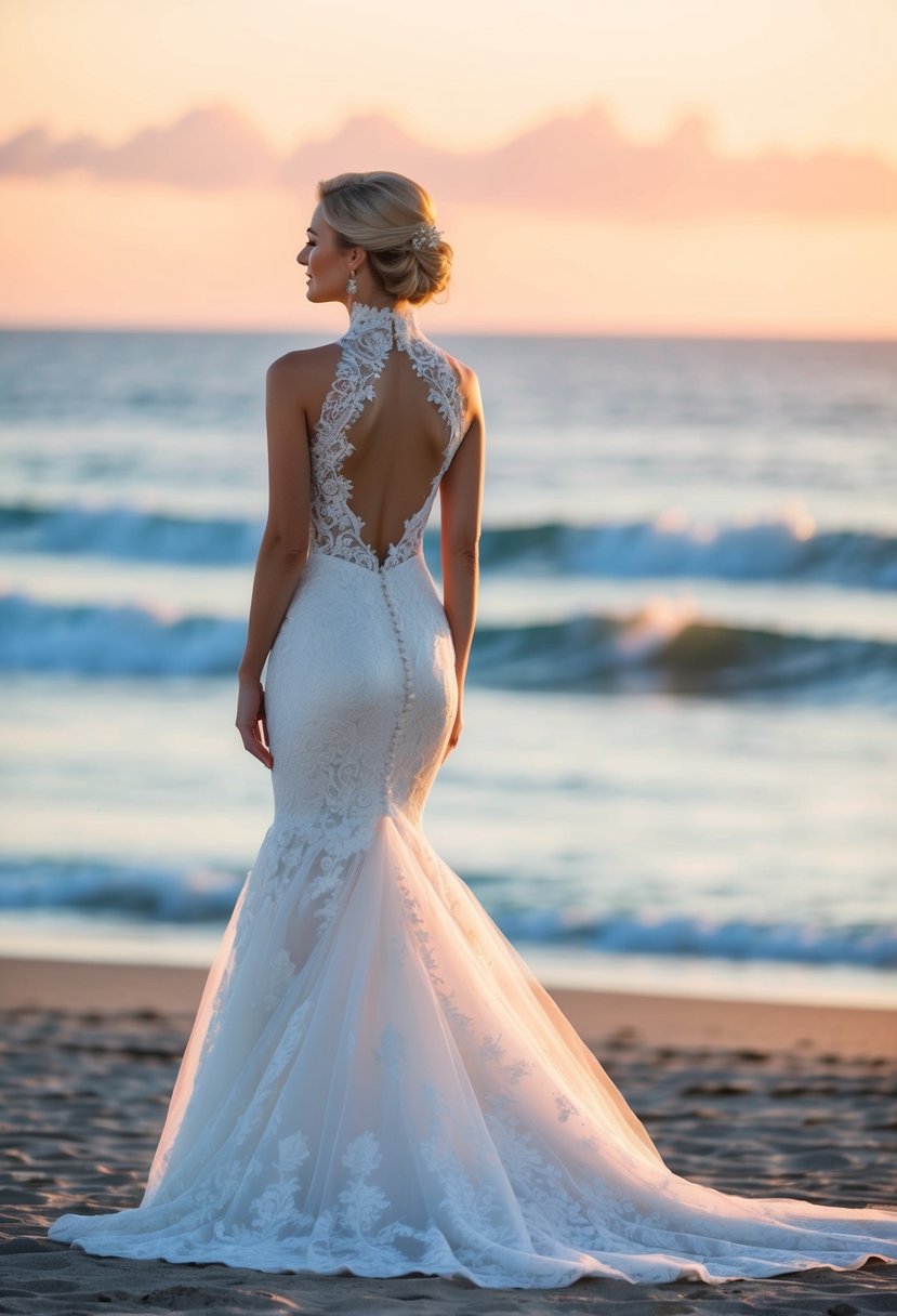 A bride stands on a beach at sunset, wearing a high-neck lace mermaid gown, with the train flowing behind her as she looks out at the ocean