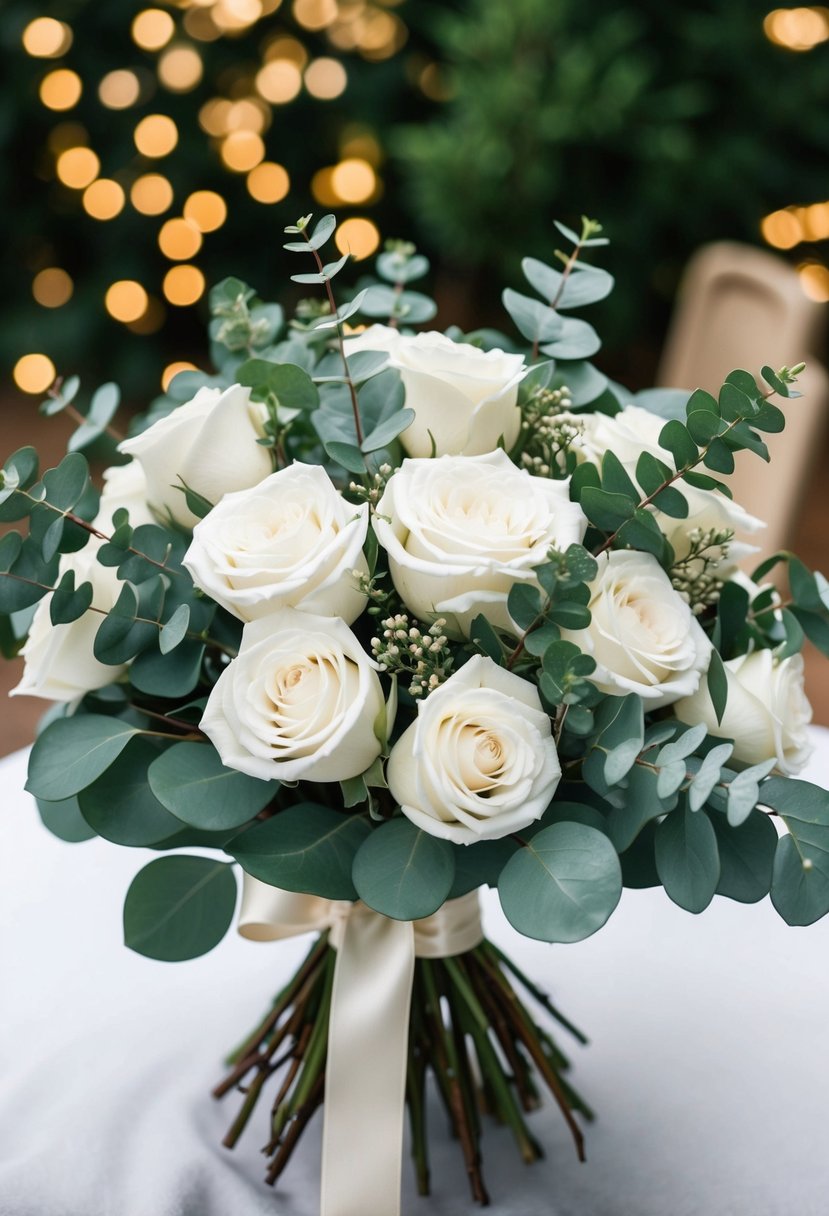 A lush bouquet of white roses and eucalyptus leaves, tied with a satin ribbon