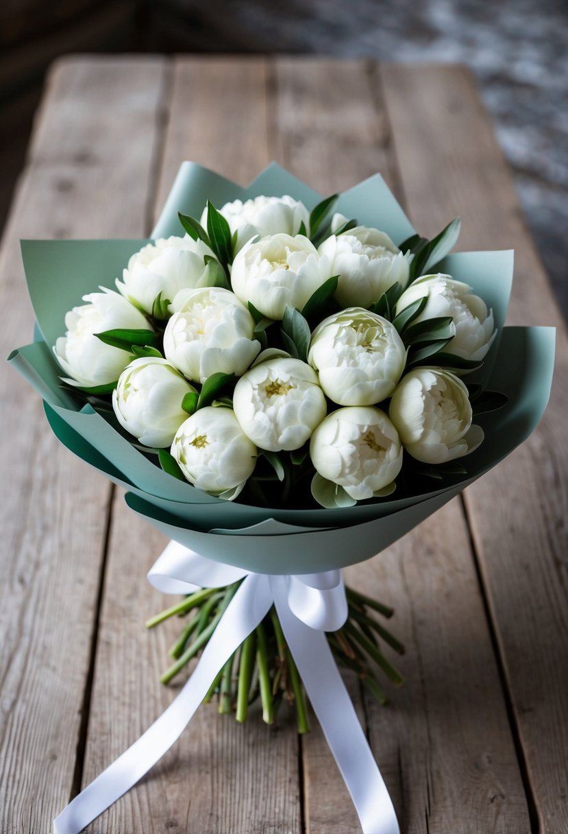 A bouquet of sage green and white peonies, wrapped in white ribbon, sits on a rustic wooden table