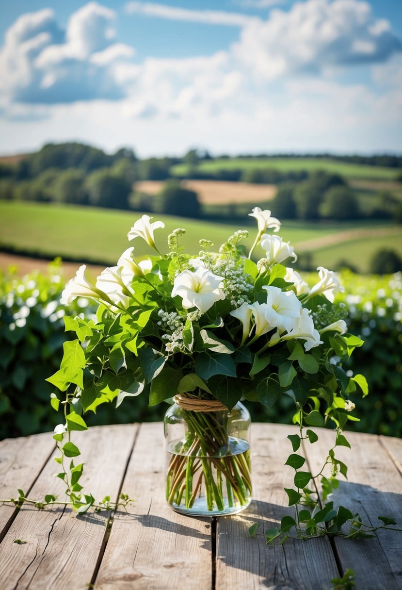 A rustic wooden table adorned with a lush bouquet of ivy and white lisianthus, set against a backdrop of rolling countryside fields