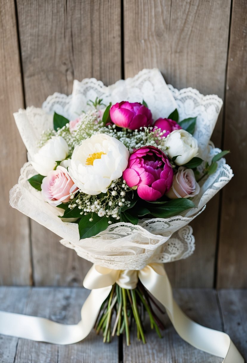 A vintage lace-wrapped bouquet of peonies, roses, and baby's breath, tied with a satin ribbon