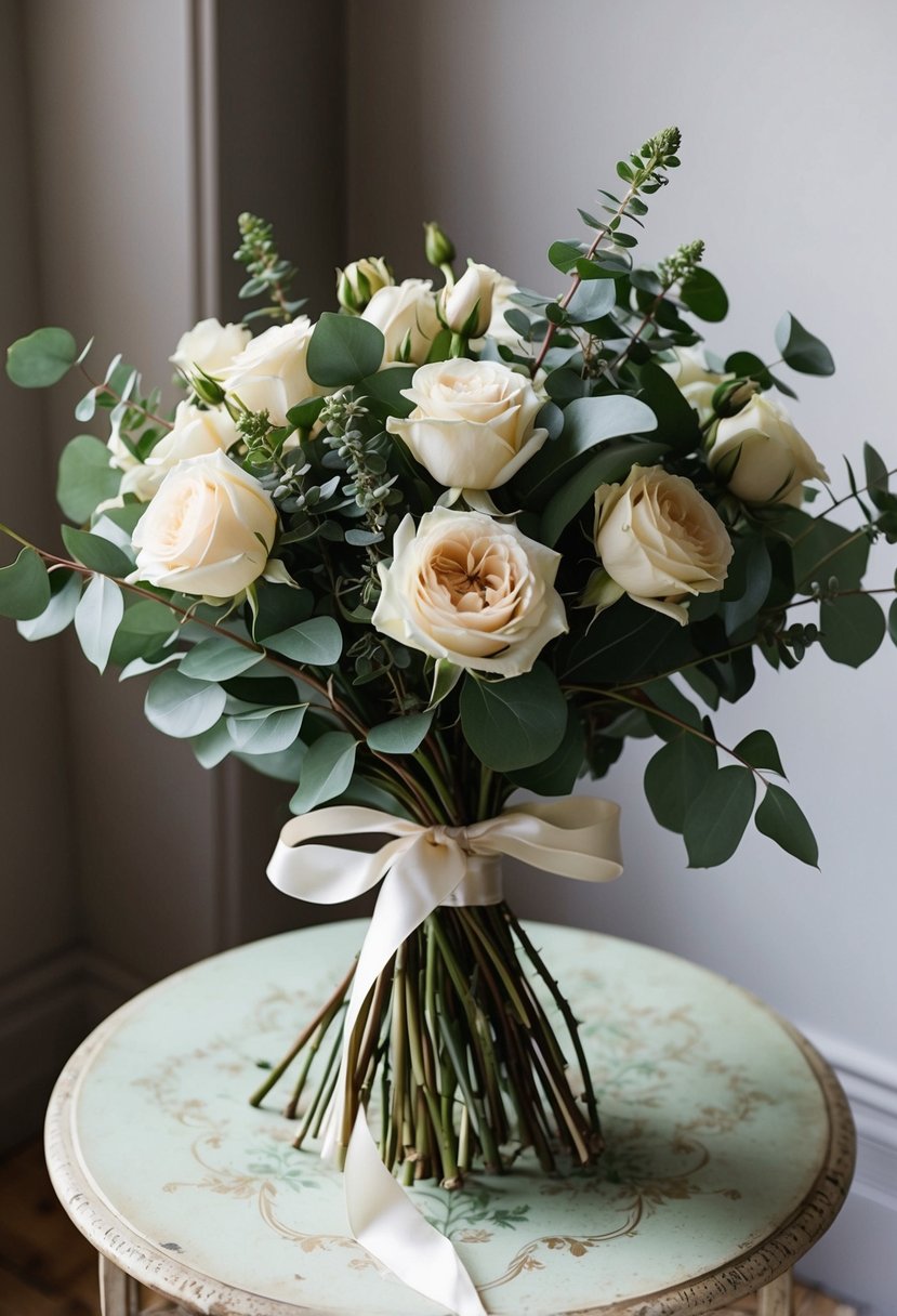 A lush bouquet of garden roses and eucalyptus, tied with a delicate ribbon, sits on a vintage table