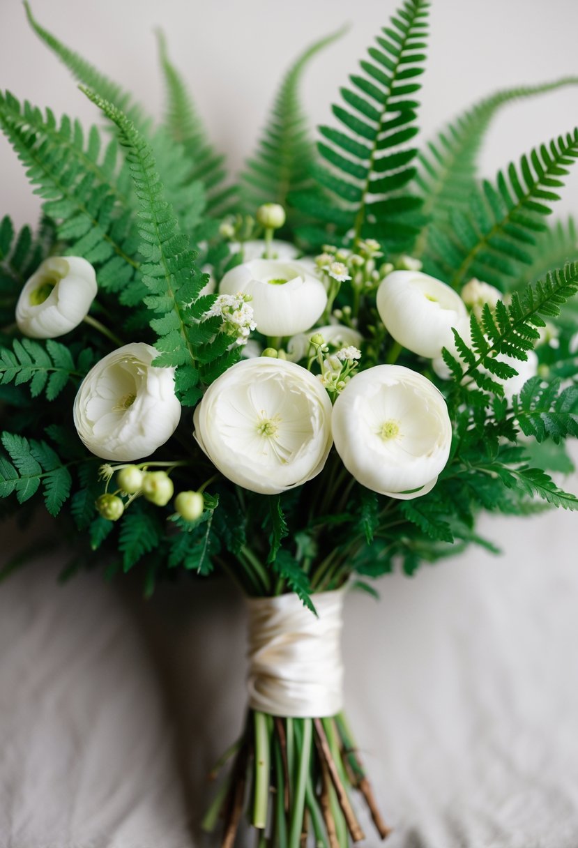 Lush green ferns intertwine with delicate white ranunculus in a whimsical wedding bouquet