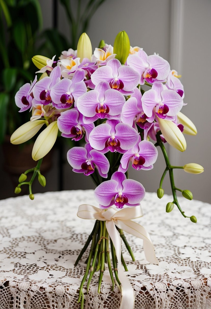 A cascading bouquet of orchids and lilies, tied with a delicate ribbon, sits atop a vintage lace tablecloth