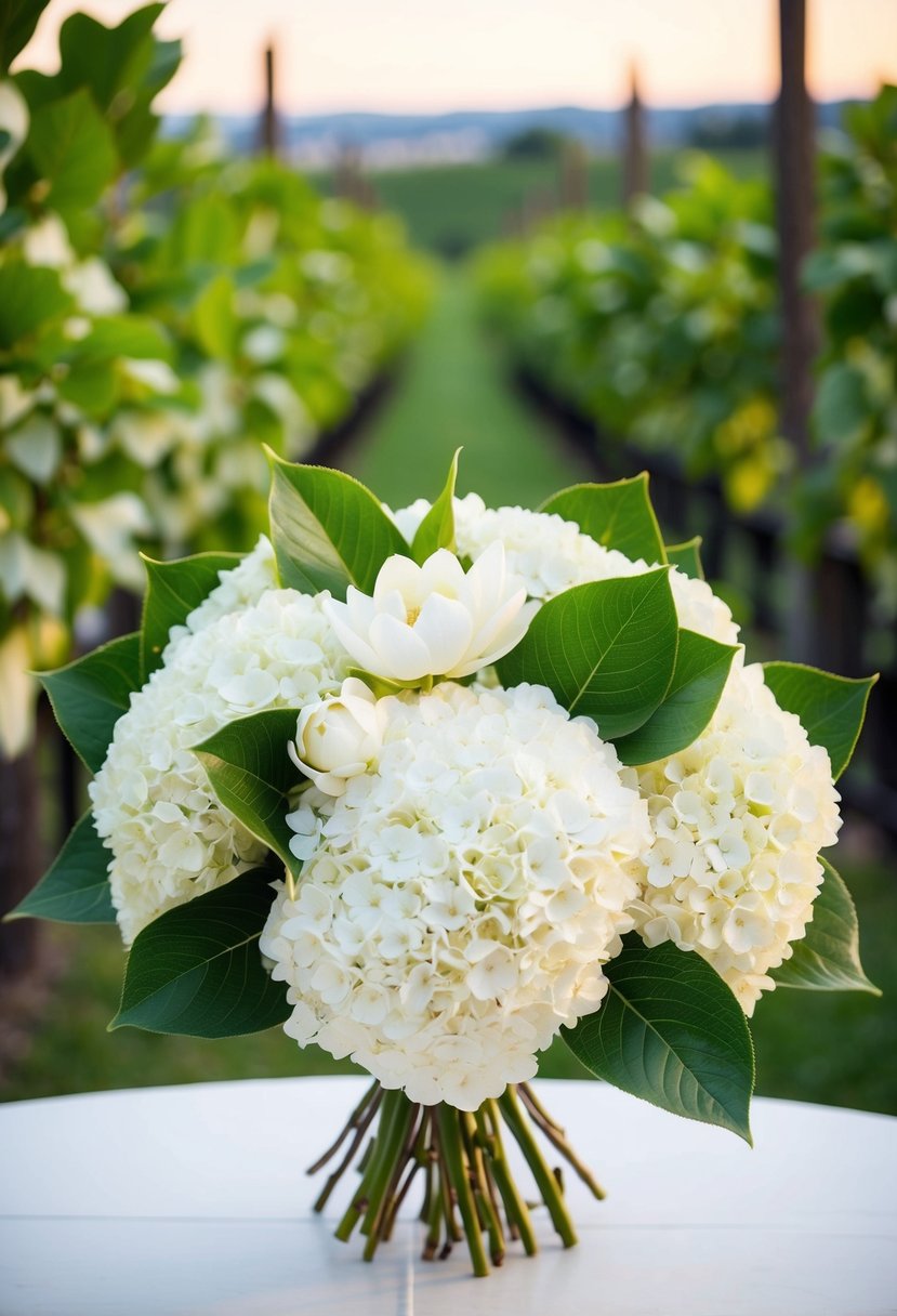 A lush bouquet of white hydrangeas and green magnolia leaves, inspired by a vineyard setting