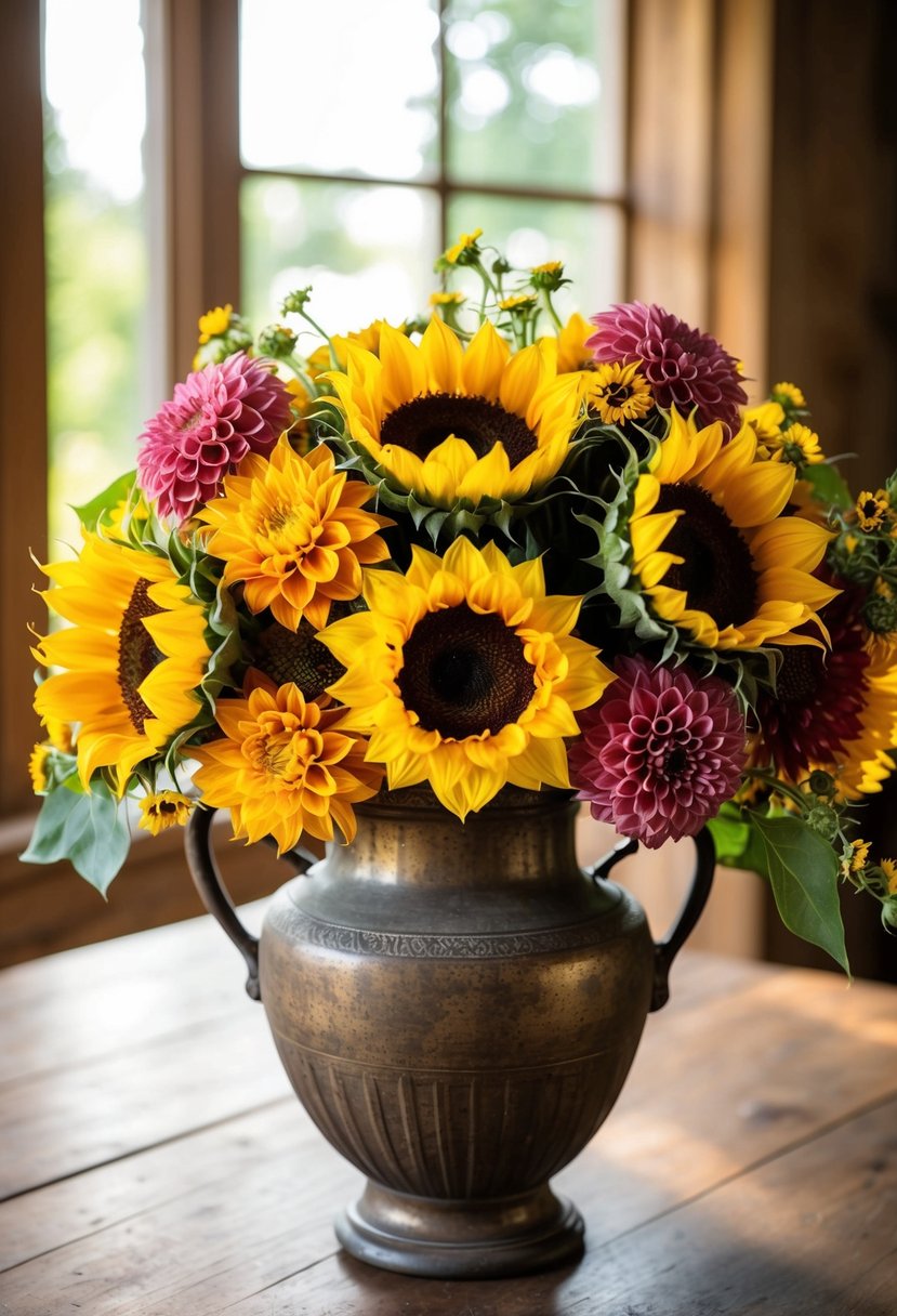 A rustic bouquet of sunflowers and dahlias arranged in a vintage vase on a wooden table with soft sunlight streaming in