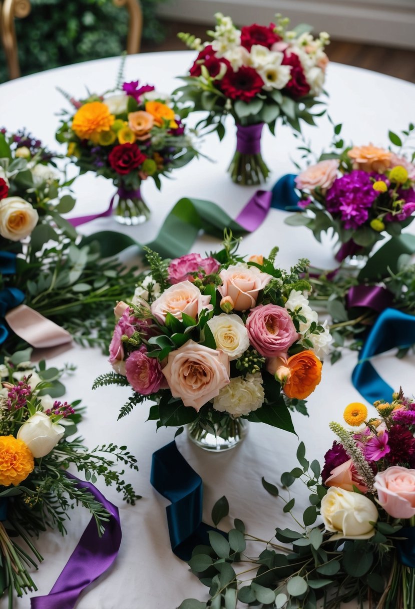 A table with various bouquets in different colors and styles, surrounded by ribbons, greenery, and floral arrangements