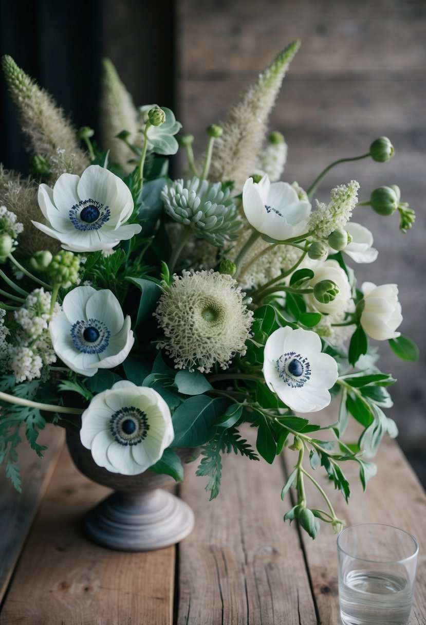 A rustic wooden table adorned with a lush bouquet of dusty miller and anemones in shades of white and green