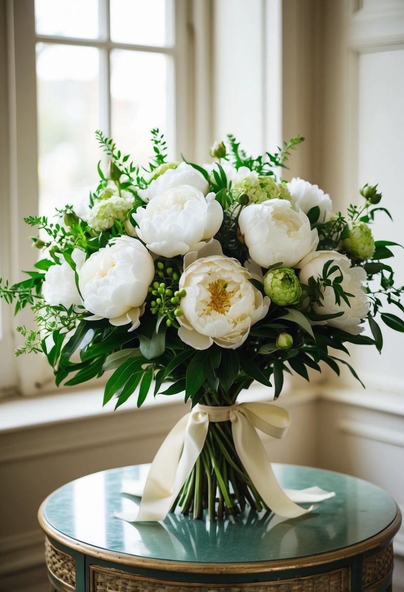 A lush bouquet of white peonies and greenery, tied with a silk ribbon, sits on a vintage table