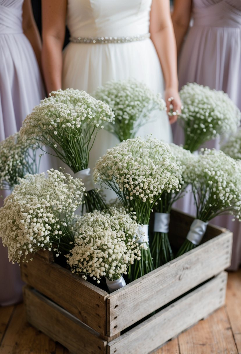 A group of delicate baby's breath bouquets arranged in a rustic wooden crate, ready for bridesmaids to carry at a wedding