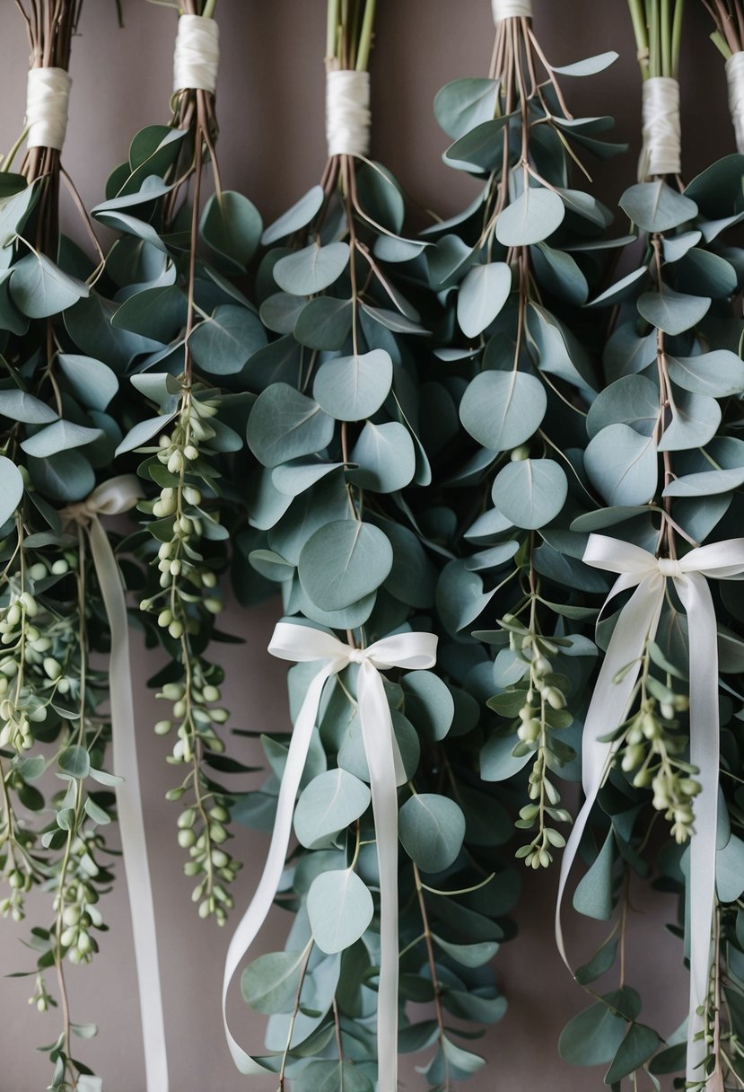 A collection of silver dollar eucalyptus arranged in cascading bouquets, tied with delicate ribbon