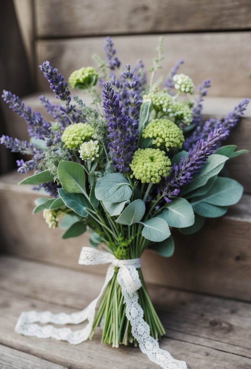 A rustic bouquet of lavender and sage green wildflowers, tied with a delicate lace ribbon