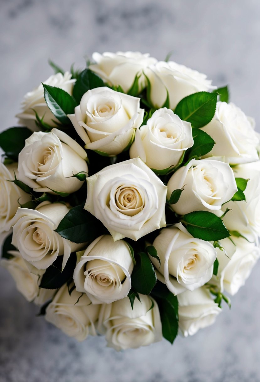 A cluster of white roses arranged in a circular bouquet, with delicate green leaves peeking out from between the blooms