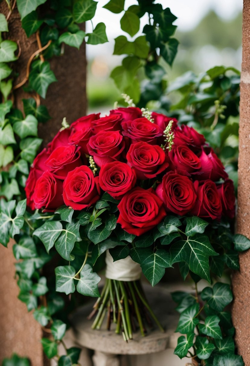 A lush bouquet of red roses entwined with ivy, evoking the romantic elegance of a 1920s wedding