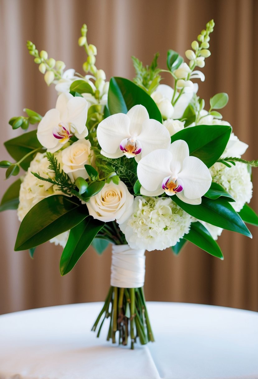 A white and green wedding bouquet featuring orchids and bay leaves exudes timeless elegance