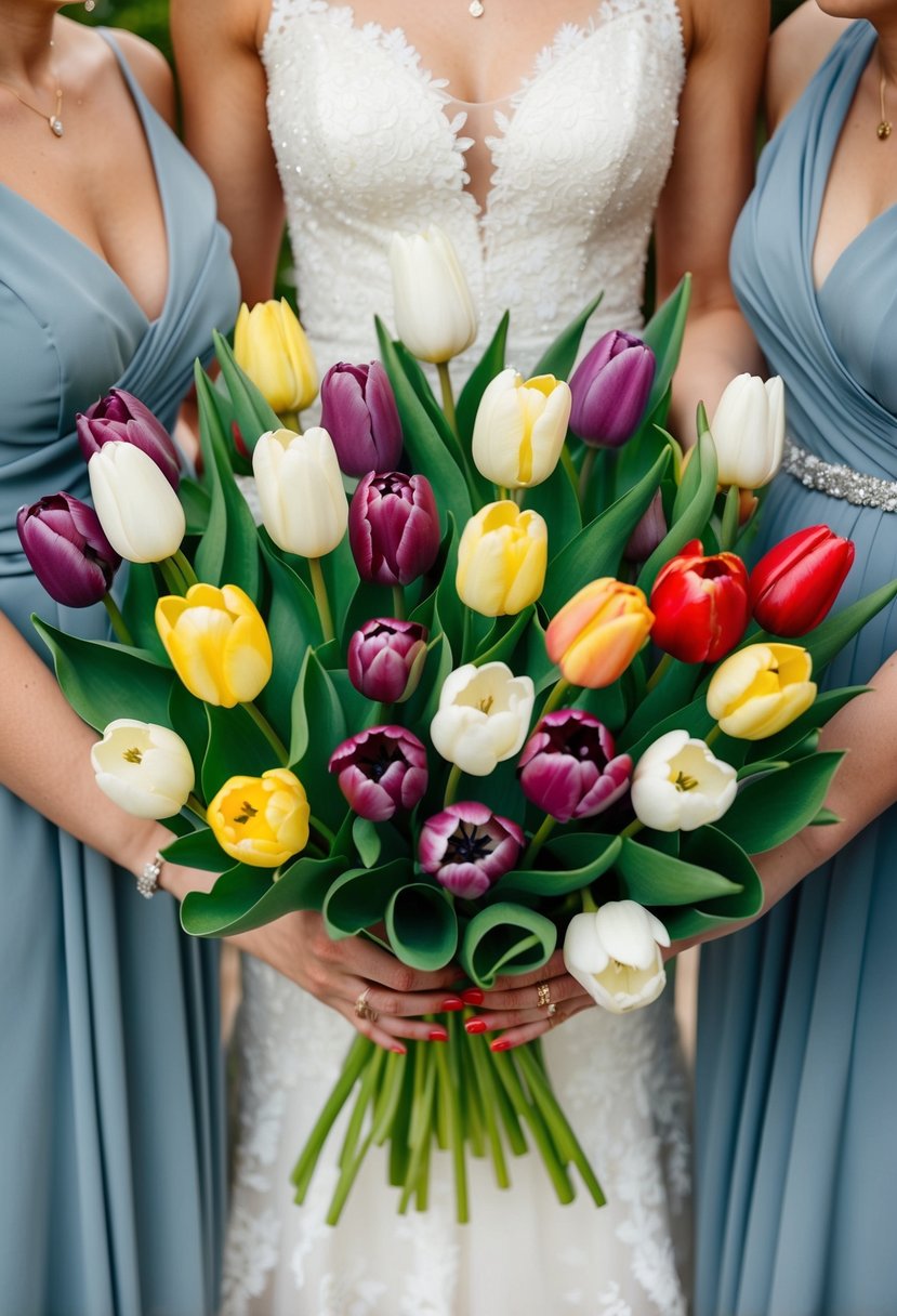 A cluster of chic tulips in various shades and sizes arranged in a beautiful bouquet for bridesmaids