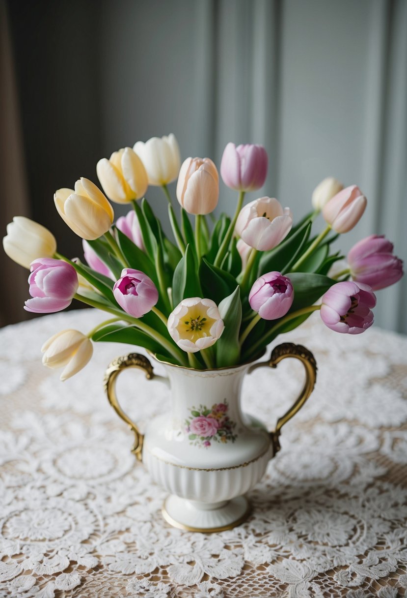 A delicate bouquet of pastel tulips and ranunculus arranged in a vintage vase on a lace-covered table