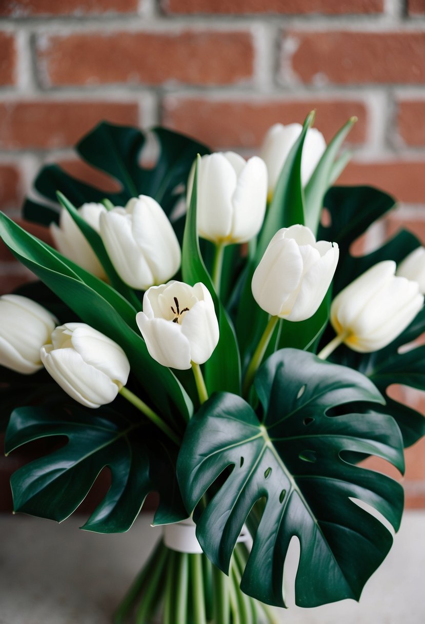 A modern wedding bouquet featuring white tulips and green monstera leaves