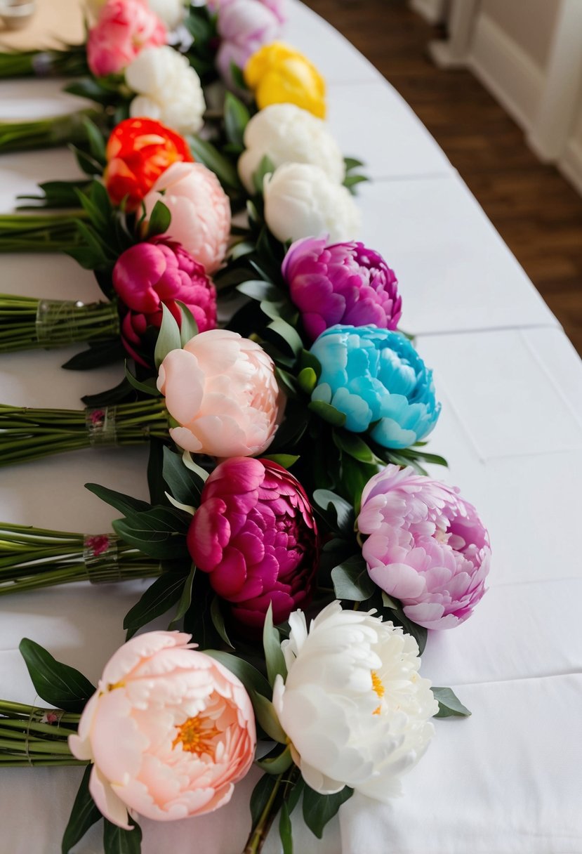 A table adorned with artificial peony bouquets in various colors, arranged neatly for bridesmaids' wedding bouquet ideas