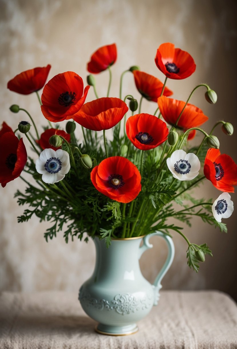 A lush bouquet of vibrant poppies and anemones cascades from a delicate vase, set against a soft, vintage backdrop