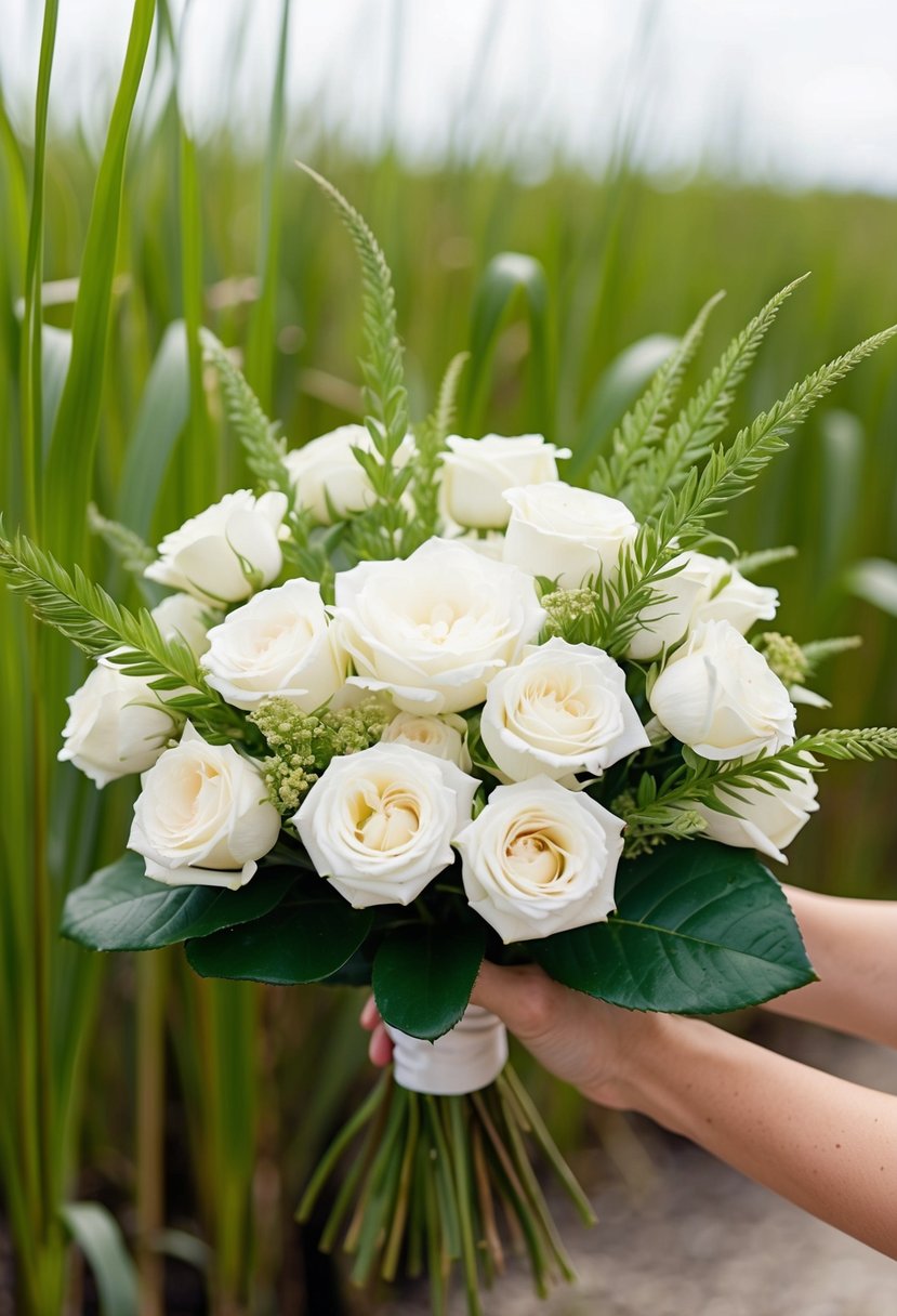 A lush bouquet of spray roses and Charleston green marsh grasses, evoking a vintage allure with its white and green color palette