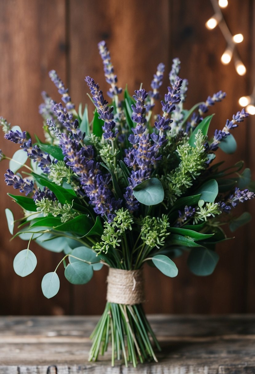 A bouquet of lavender and greenery arranged in a rustic, yet elegant style