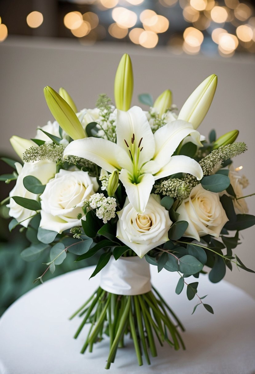 A white lily and ruscus bouquet, simple and elegant for a wedding