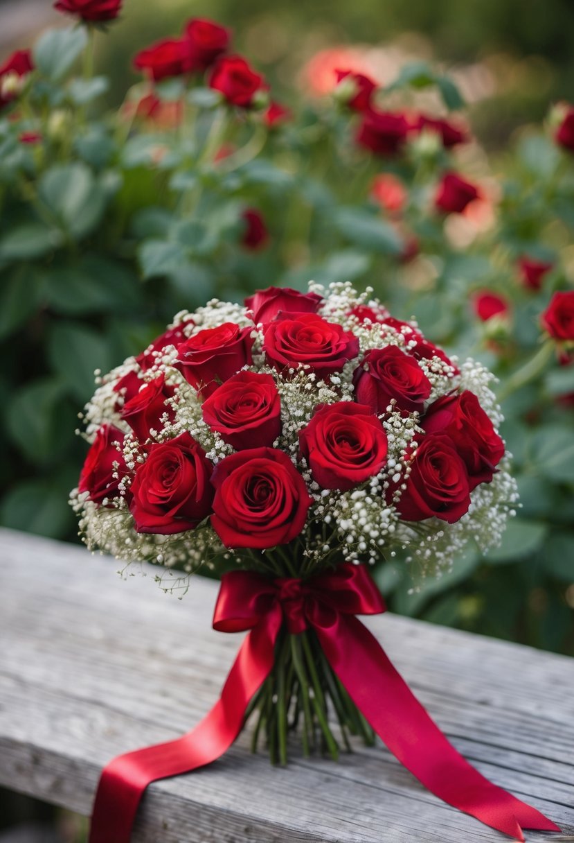 A vintage-inspired bouquet of red roses and delicate baby's breath, tied with a satin ribbon