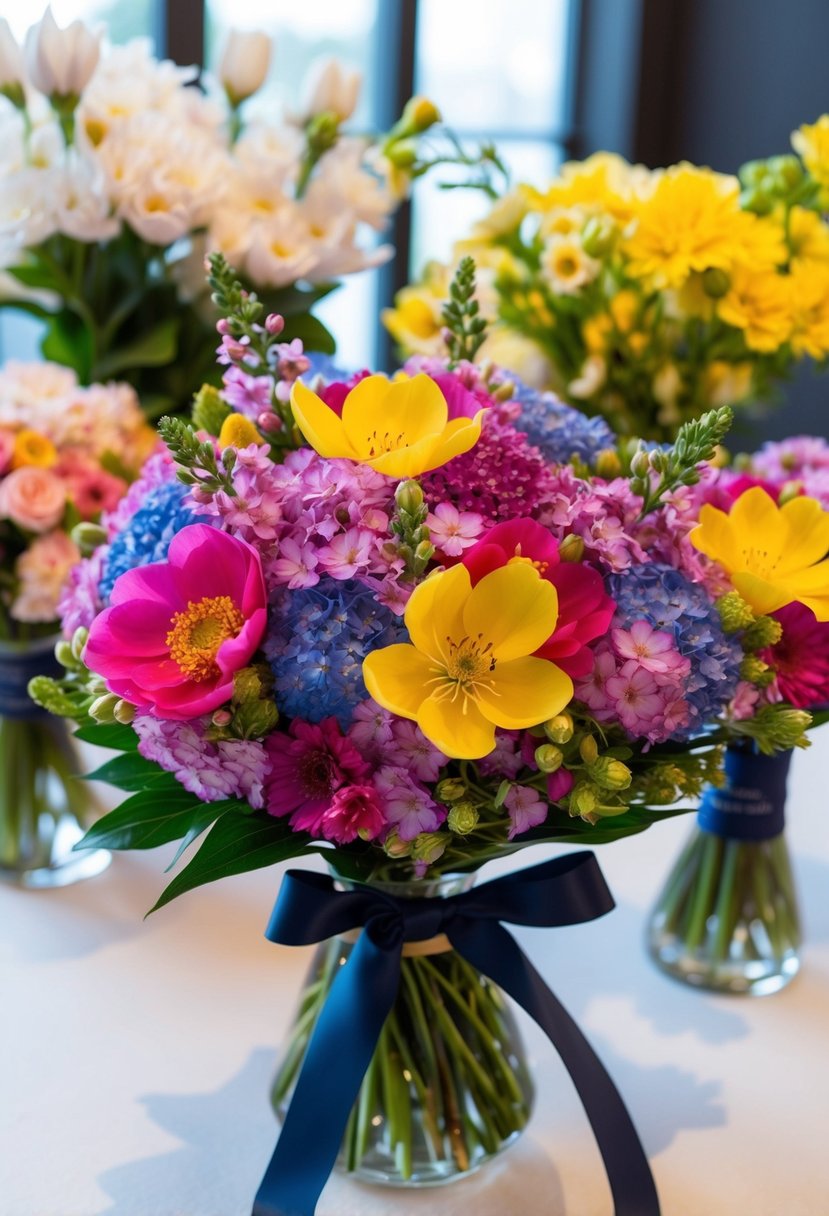 Colorful blossoms arranged in a bouquet, tied with a ribbon, displayed on a table with other floral options