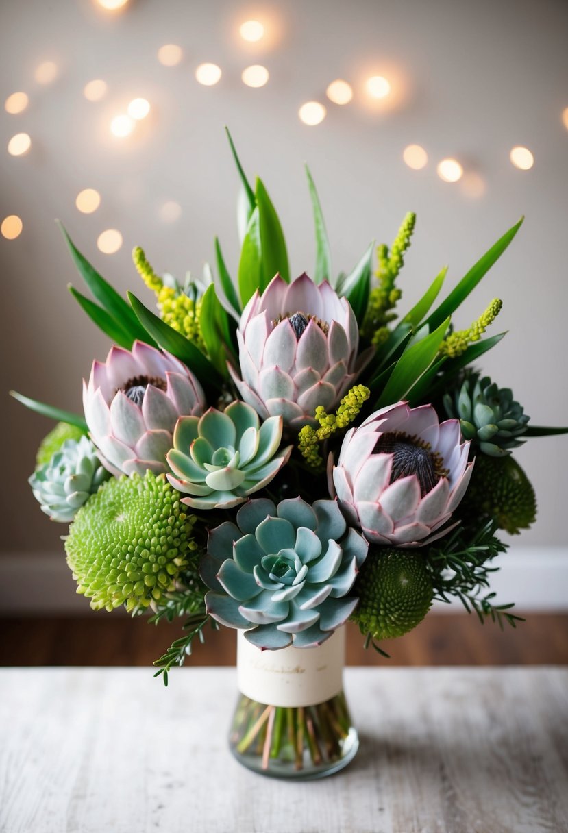 A bouquet of modern protea and succulents in a 1920s-inspired arrangement