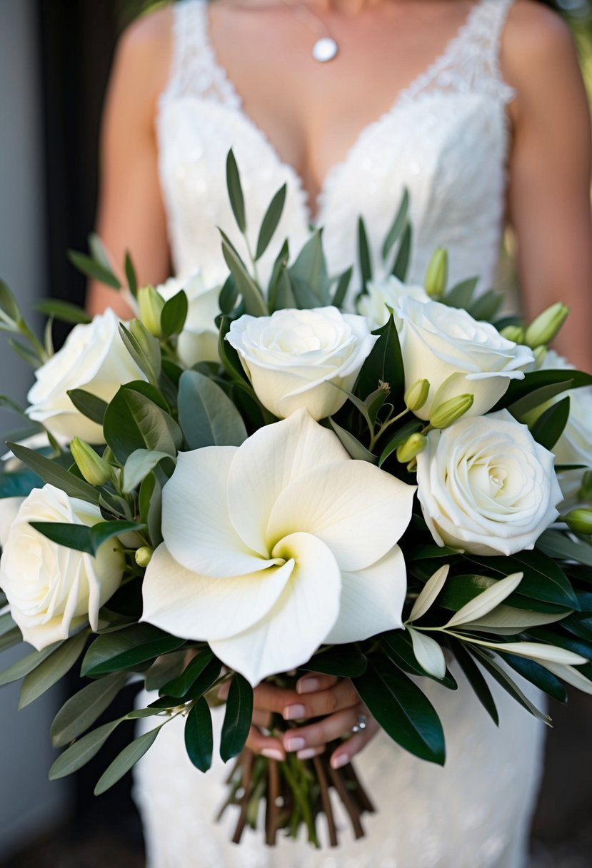 A white and green wedding bouquet featuring gardenias and olive branches, exuding refined beauty