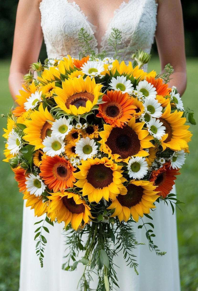 A vibrant mix of sunflowers and daisies arranged in a cascading bouquet, perfect for a bridesmaid at a summer wedding