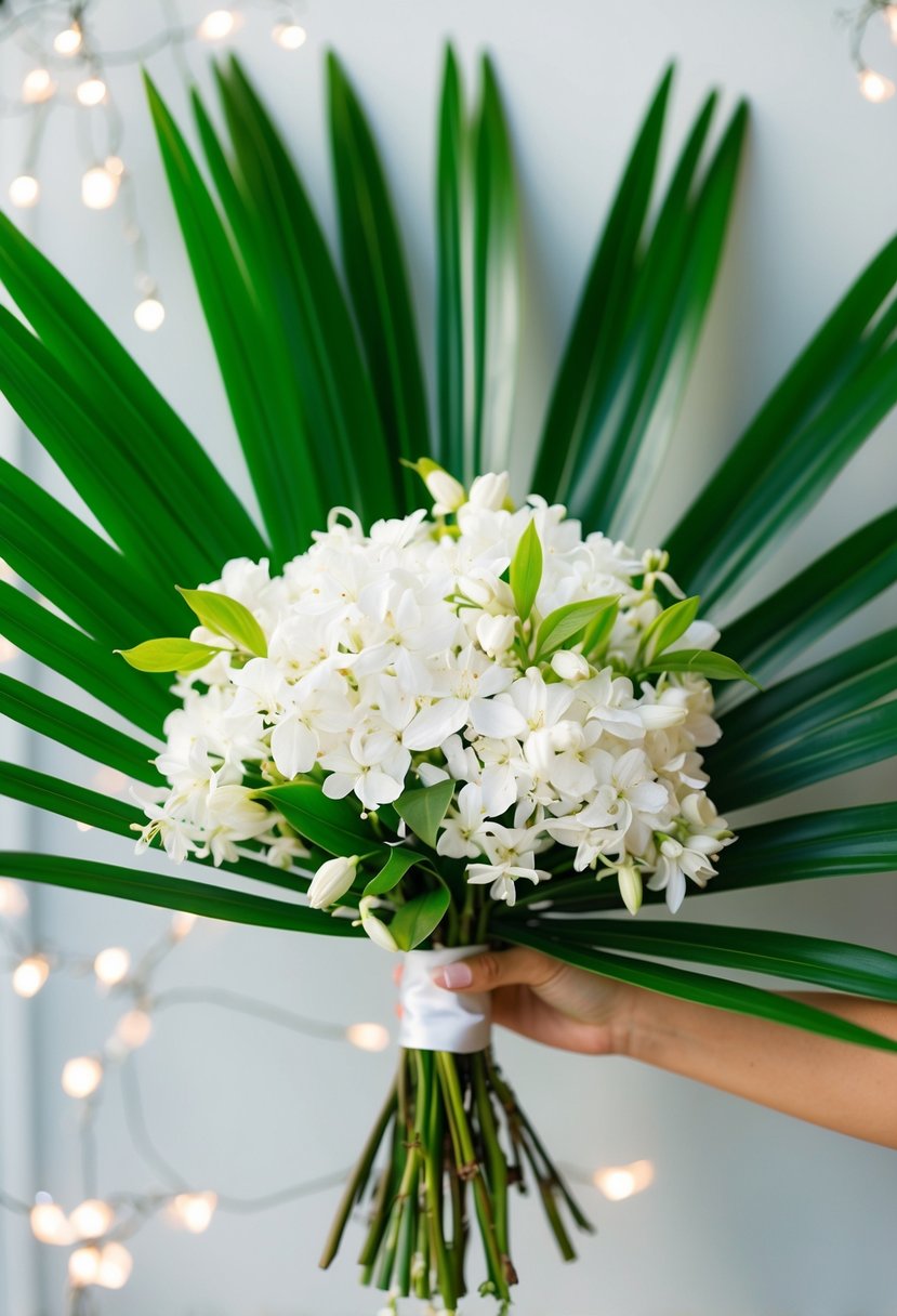 A serene wedding bouquet with white jasmine and vibrant green palm leaves