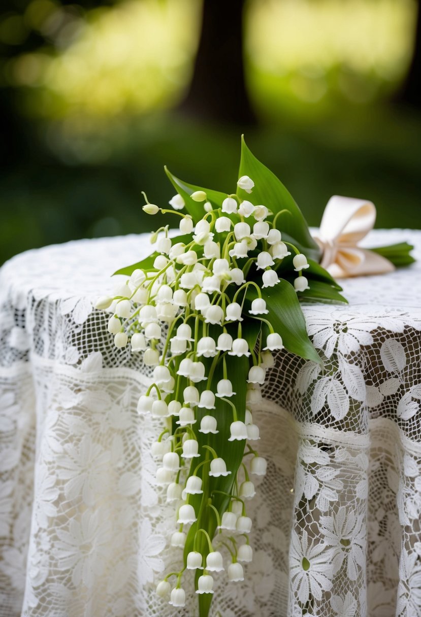 A vintage lace tablecloth with a delicate, cascading bouquet of Lily of the Valley, tied with a satin ribbon