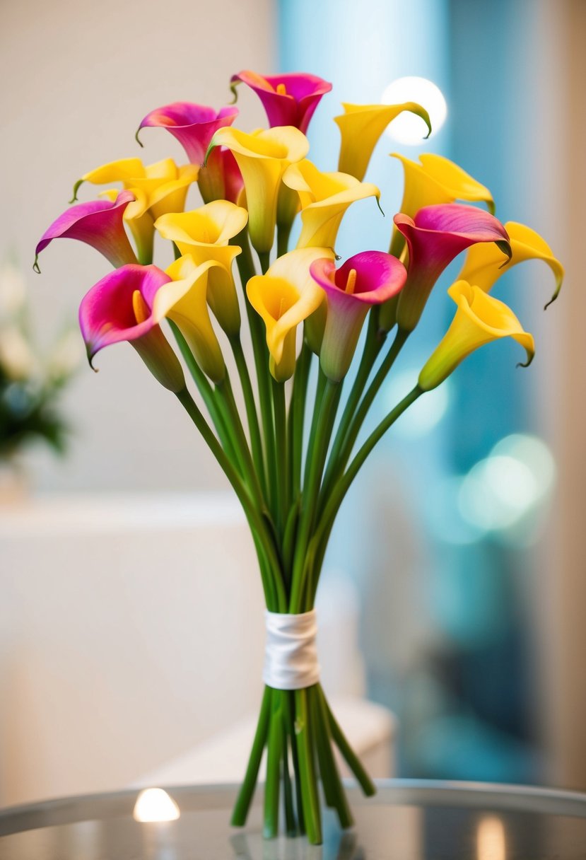 Vibrant calla lilies arranged in a single stem bouquet, perfect for bridesmaids at a wedding