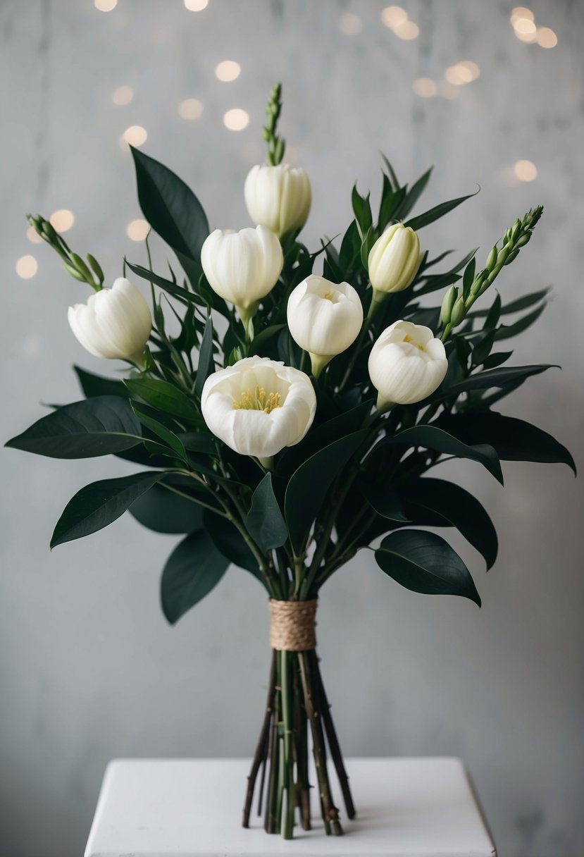 A simple bouquet of stephanotis and dark green foliage