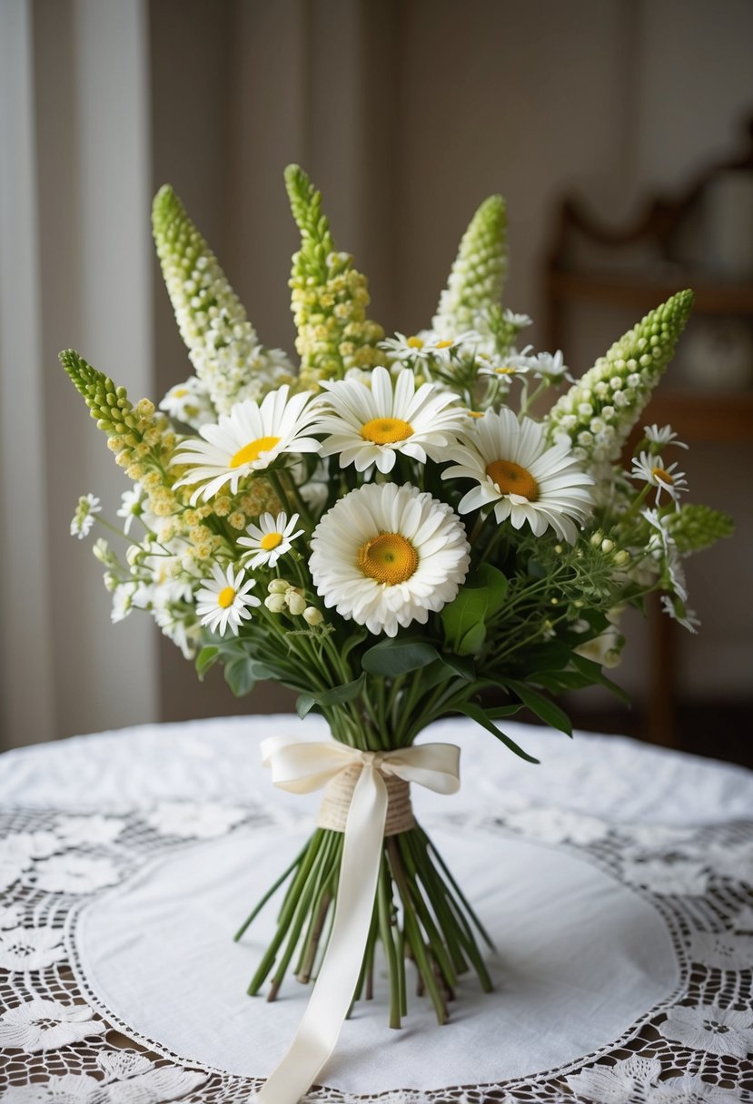 A vintage-inspired bouquet with delicate daisies and astrantia, tied with a ribbon, sitting on a lace tablecloth